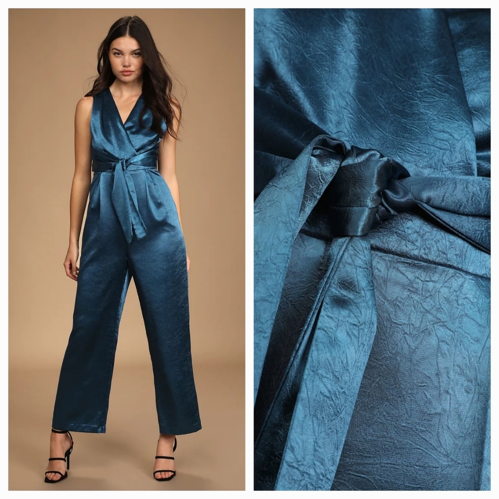 Lulu's Crinkle in Time Dark Blue Satin Tie-Front Jumpsuit NWOT